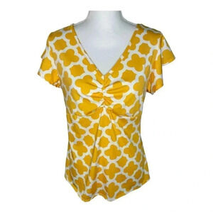 C’est La Vie Women’s Large Yellow & White‎ V-Neck Blouse